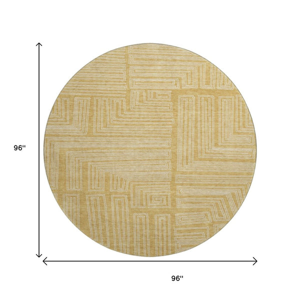HomeRoots 8' Gold and Ivory Geometric Round Rug - Washable, UV-Protected, Stain-Resistant for Busy Homes 681974