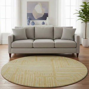 HomeRoots 8' Gold and Ivory Geometric Round Rug - Washable, UV-Protected, Stain-Resistant for Busy Homes 681974
