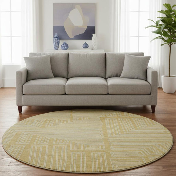 HomeRoots 8' Gold and Ivory Geometric Round Rug - Washable, UV-Protected, Stain-Resistant for Busy Homes 681974