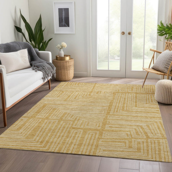 HomeRoots 10' X 14' Gold and Ivory Geometric Washable Area Rug with UV Protection for Family-Friendly Spaces 681977