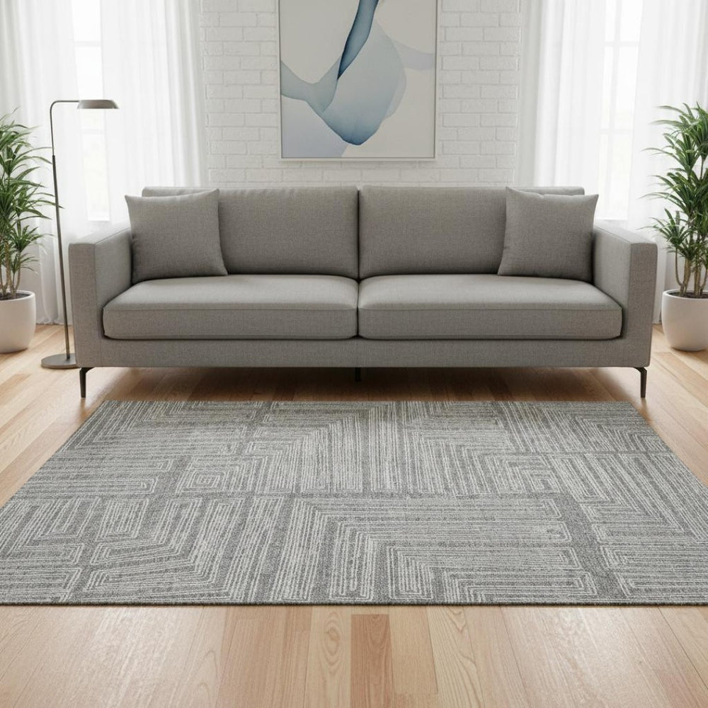 HomeRoots 5' X 8' Gray and Ivory Geometric Area Rug - Washable, UV-Protected, Stylish & Durable for Homes 681979