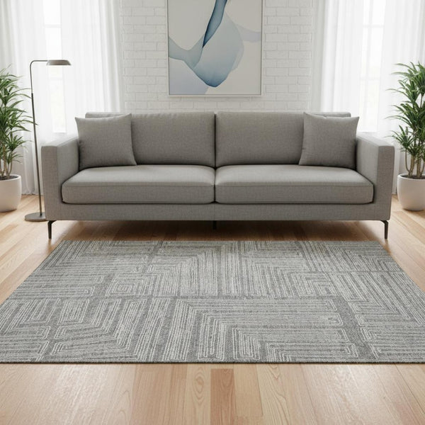 HomeRoots 5' X 8' Gray and Ivory Geometric Area Rug - Washable, UV-Protected, Stylish & Durable for Homes 681979