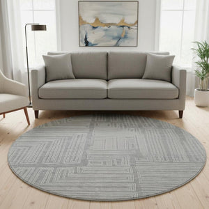 HomeRoots 8' Gray and Ivory Geometric Round Rug - Washable, UV-Protected, Stain-Resistant for High Traffic Areas 681980