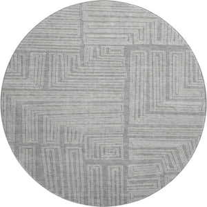 HomeRoots 8' Gray and Ivory Geometric Round Rug - Washable, UV-Protected, Stain-Resistant for High Traffic Areas 681980