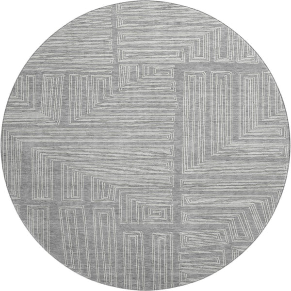 HomeRoots 8' Gray and Ivory Geometric Round Rug - Washable, UV-Protected, Stain-Resistant for High Traffic Areas 681980