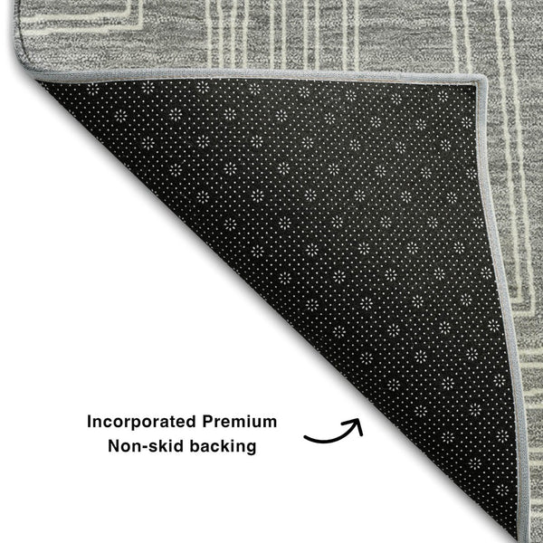 HomeRoots 8' Gray and Ivory Geometric Round Rug - Washable, UV-Protected, Stain-Resistant for High Traffic Areas 681980