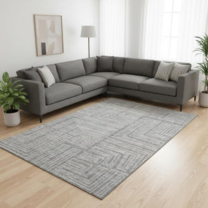 HomeRoots 9' X 12' Gray and Ivory Geometric Area Rug - Durable, Washable, UV Protected for Modern Spaces 681982