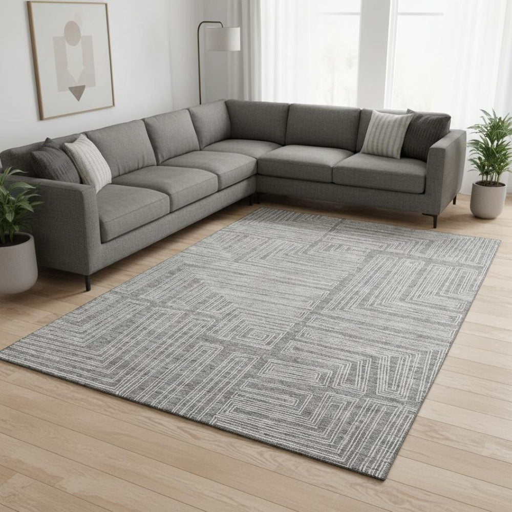 HomeRoots 10' X 14' Stylish Gray and Ivory Geometric Area Rug - Washable, UV Protected for High-Traffic Spaces 681983