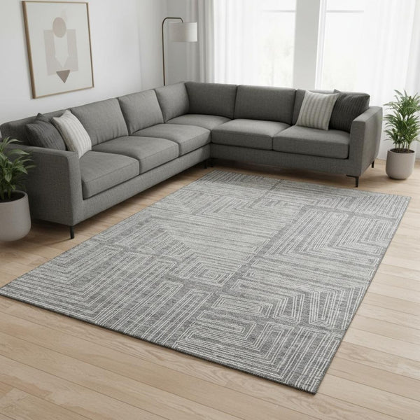 HomeRoots 10' X 14' Stylish Gray and Ivory Geometric Area Rug - Washable, UV Protected for High-Traffic Spaces 681983