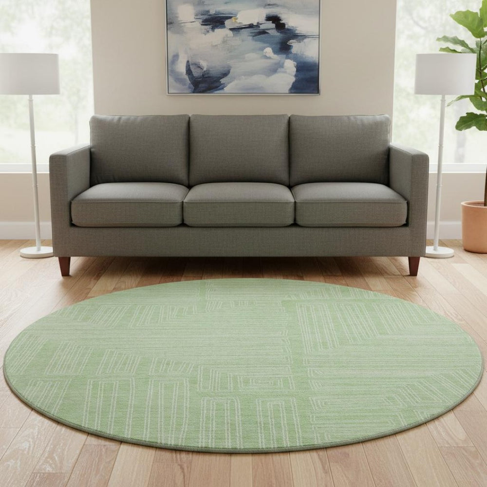 HomeRoots 8' Mint Green Round Rug - Stylish Geometric Design, Washable, UV Protected, Perfect for Indoor & Outdoor Use 681986