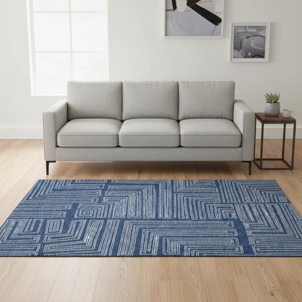 HomeRoots 5' X 8' Navy Blue and Ivory Geometric Area Rug - Stylish, Washable, UV-Protected for Every Space 681991