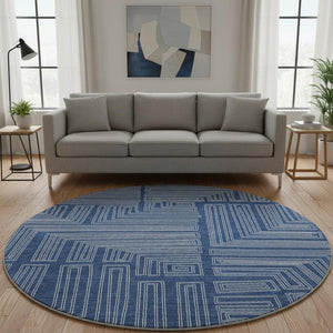 HomeRoots 8' Navy Blue Geometric Washable Round Rug with UV Protection, Perfect for High-Traffic Spaces! 681992