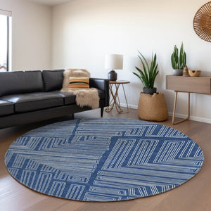 HomeRoots 8' Navy Blue Geometric Washable Round Rug with UV Protection, Perfect for High-Traffic Spaces! 681992