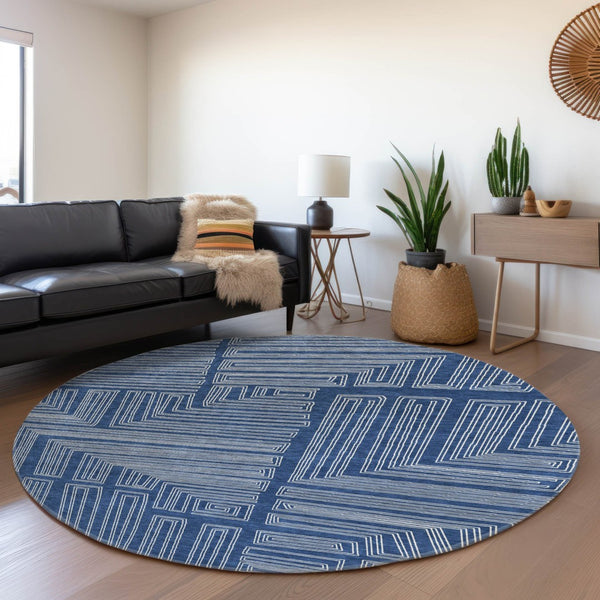 HomeRoots 8' Navy Blue Geometric Washable Round Rug with UV Protection, Perfect for High-Traffic Spaces! 681992