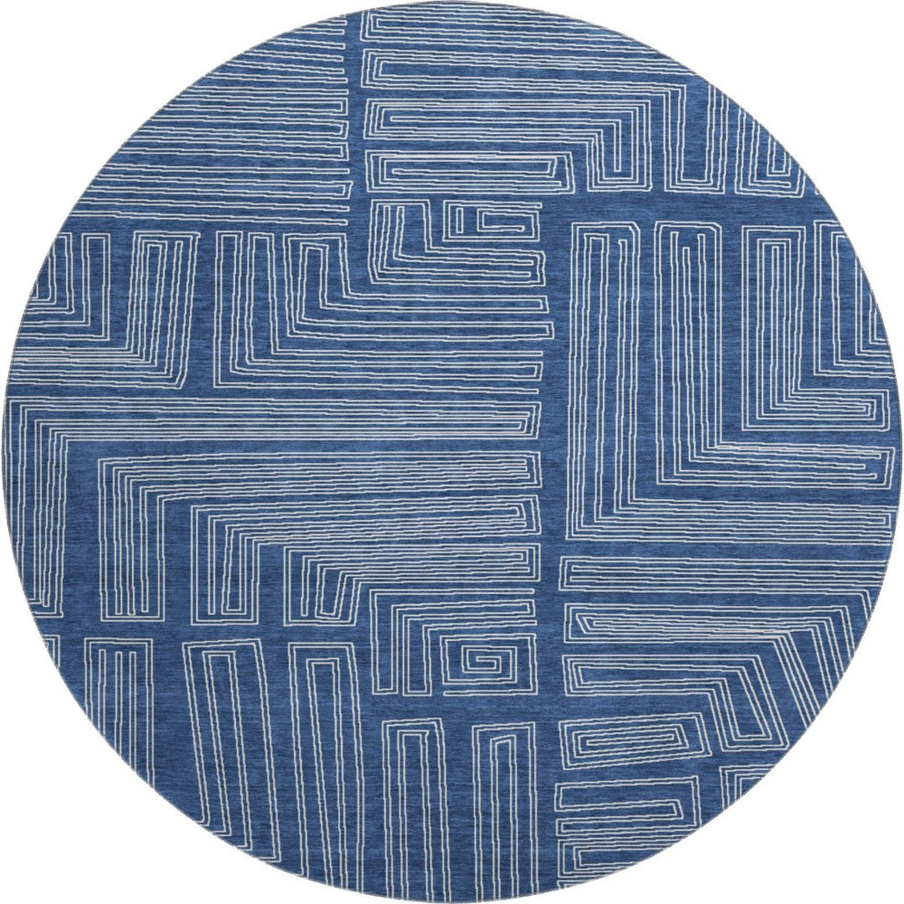 HomeRoots 8' Navy Blue Geometric Washable Round Rug with UV Protection, Perfect for High-Traffic Spaces! 681992