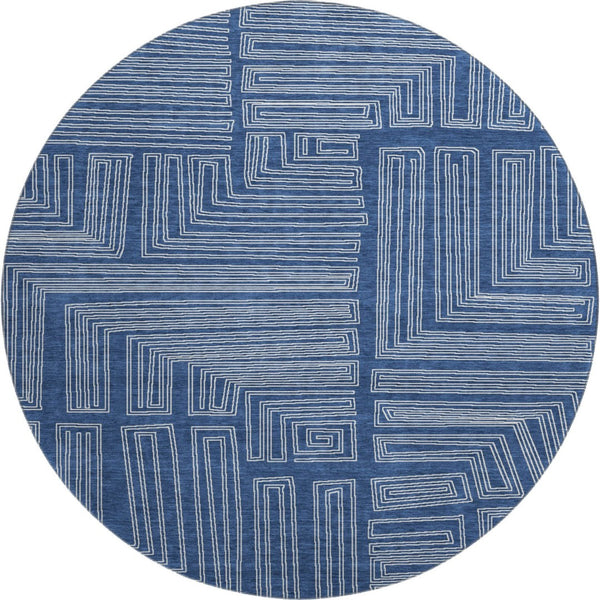 HomeRoots 8' Navy Blue Geometric Washable Round Rug with UV Protection, Perfect for High-Traffic Spaces! 681992