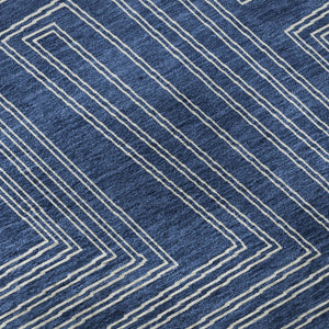 HomeRoots 8' Navy Blue Geometric Washable Round Rug with UV Protection, Perfect for High-Traffic Spaces! 681992
