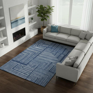 HomeRoots 8' X 10' Navy Blue and Ivory Geometric Area Rug – Washable, UV-Protected, Durable for High-Traffic Spaces 681993