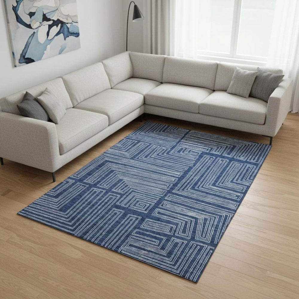 HomeRoots 9' X 12' Navy Blue Geometric Area Rug – Washable, UV-Protected, Stain-Resistant for Modern Spaces 681994
