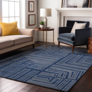 HomeRoots 9' X 12' Navy Blue Geometric Area Rug – Washable, UV-Protected, Stain-Resistant for Modern Spaces 681994