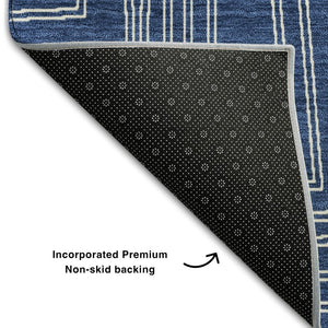 HomeRoots 9' X 12' Navy Blue Geometric Area Rug – Washable, UV-Protected, Stain-Resistant for Modern Spaces 681994