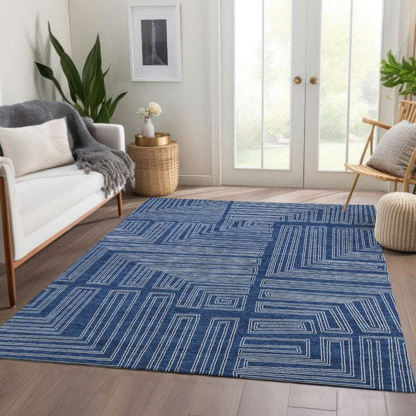 HomeRoots 9' X 12' Navy Blue Geometric Area Rug – Washable, UV-Protected, Stain-Resistant for Modern Spaces 681994