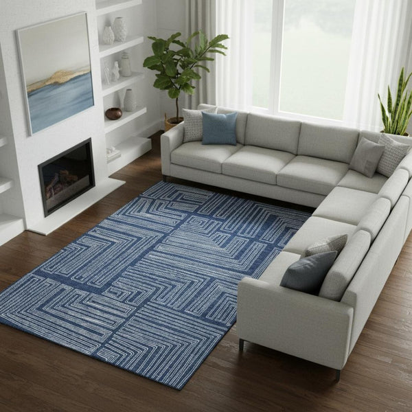 HomeRoots 10' X 14' Navy Blue Geometric Area Rug - Washable, UV-Protected, Stain-Resistant for Modern Living Spaces 681995