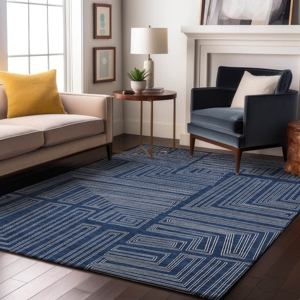 HomeRoots 10' X 14' Navy Blue Geometric Area Rug - Washable, UV-Protected, Stain-Resistant for Modern Living Spaces 681995