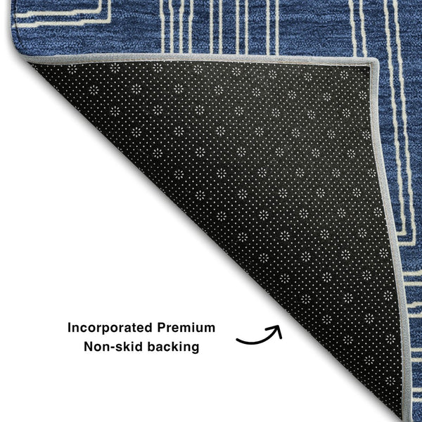 HomeRoots 10' X 14' Navy Blue Geometric Area Rug - Washable, UV-Protected, Stain-Resistant for Modern Living Spaces 681995