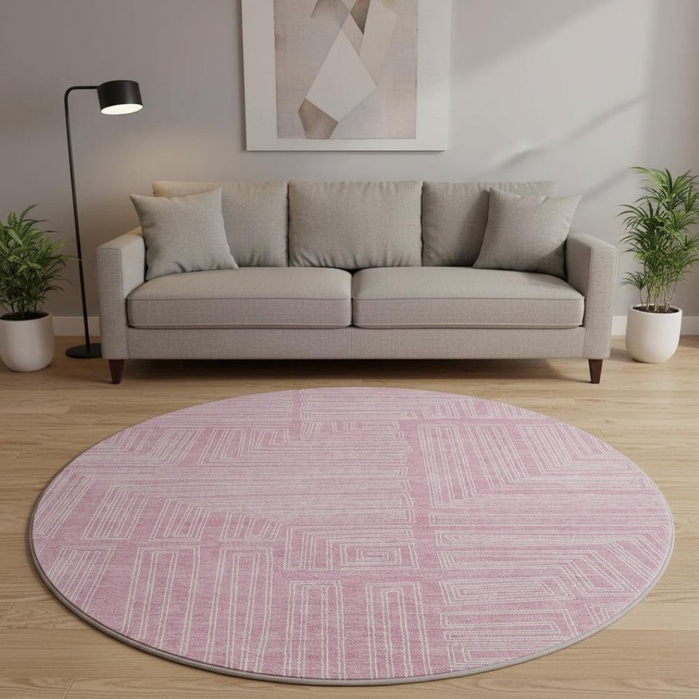 HomeRoots 8' Washable Pink and Ivory Geometric Round Rug - Stylish, Durable, UV Protected for Any Space! 681998