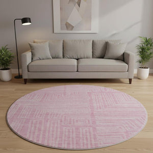 HomeRoots 8' Washable Pink and Ivory Geometric Round Rug - Stylish, Durable, UV Protected for Any Space! 681998