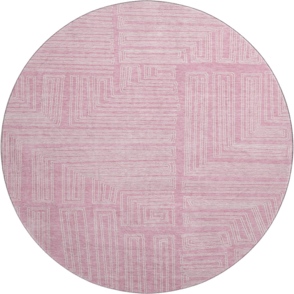 HomeRoots 8' Washable Pink and Ivory Geometric Round Rug - Stylish, Durable, UV Protected for Any Space! 681998