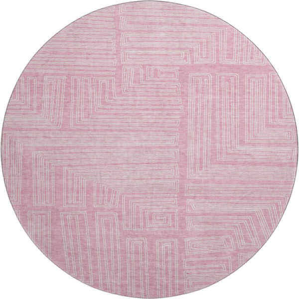 HomeRoots 8' Washable Pink and Ivory Geometric Round Rug - Stylish, Durable, UV Protected for Any Space! 681998