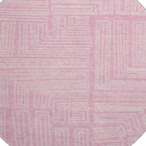 HomeRoots 8' Washable Pink and Ivory Geometric Round Rug - Stylish, Durable, UV Protected for Any Space! 681998