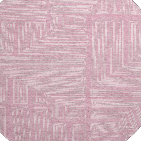 HomeRoots 8' Washable Pink and Ivory Geometric Round Rug - Stylish, Durable, UV Protected for Any Space! 681998