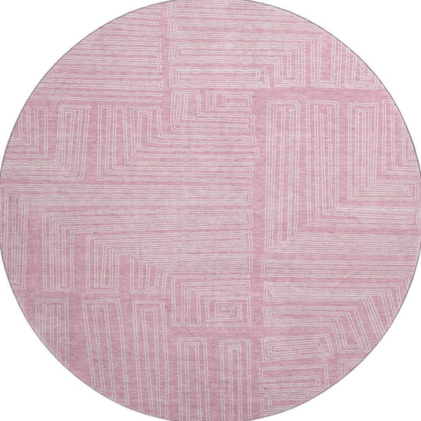 HomeRoots 8' Washable Pink and Ivory Geometric Round Rug - Stylish, Durable, UV Protected for Any Space! 681998