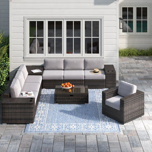 English Elm 11-Piece Outdoor Sectional Set with Cushions, U-Shaped 7-Seater, Rustproof Aluminum, No Assembly B120S00204