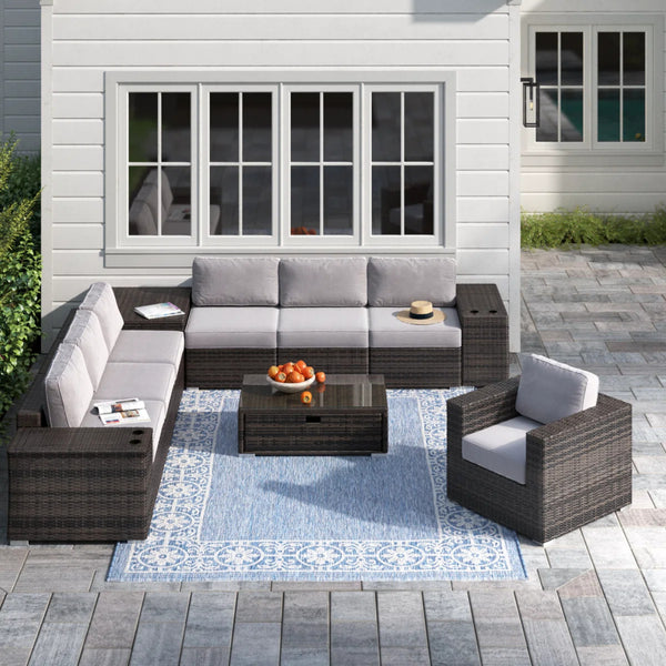 English Elm 11-Piece Outdoor Sectional Set with Cushions, U-Shaped 7-Seater, Rustproof Aluminum, No Assembly B120S00204