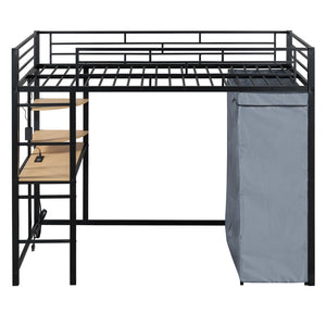 English Elm Twin Loft Bed with Built-In Desk, LED Light Strip, Power Outlet & Fabric Wardrobe for Small Rooms Black SF000178AAB