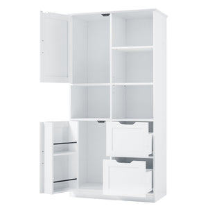 English Elm Bathroom Tall Storage Cabinet with Doors, 2 Drawers, Adjustable Shelf, Anti-Tip, MDF White, Sleek Handles WF530559AAK