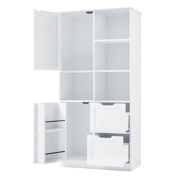 English Elm Bathroom Tall Storage Cabinet with Doors, 2 Drawers, Adjustable Shelf, Anti-Tip, MDF White, Sleek Handles WF530559AAK