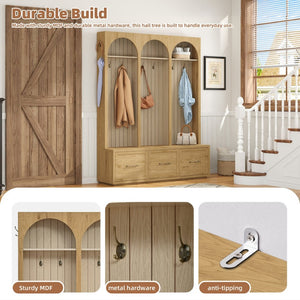 English Elm Farmhouse Hall Tree with Triple Arch Back Panel Eight Hooks Drawers and Entryway Bench N721S000071L