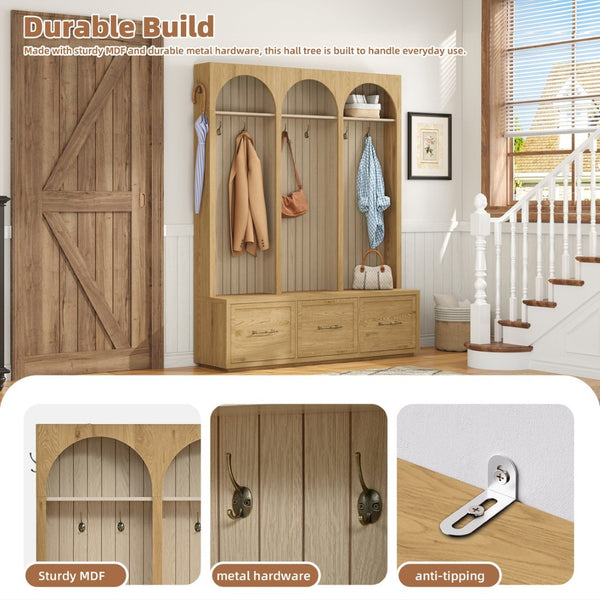 English Elm Farmhouse Hall Tree with Triple Arch Back Panel Eight Hooks Drawers and Entryway Bench N721S000071L