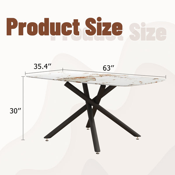 English Elm Large Tempered Glass Rectangular Dining Table Seats Six with Matte Black Metal Frame W1151S04539