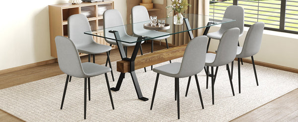 English Elm Table 9-Piece Modern Dining Set With Glass Top, X-Shaped Metal Legs & Comfortable Gray Chairs W1151S03605-GIGA