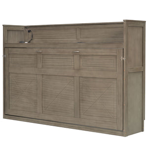 English Elm Twin XL Murphy Bed with Desk, LED Lighting and USB Charging Station — Space-Saving Solid Pine Design Gray Wash N7090005001N