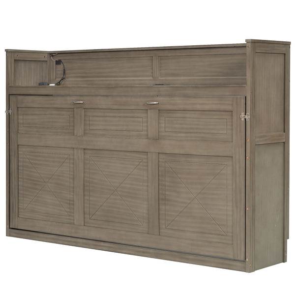 English Elm Twin XL Murphy Bed with Desk, LED Lighting and USB Charging Station — Space-Saving Solid Pine Design Gray Wash N7090005001N