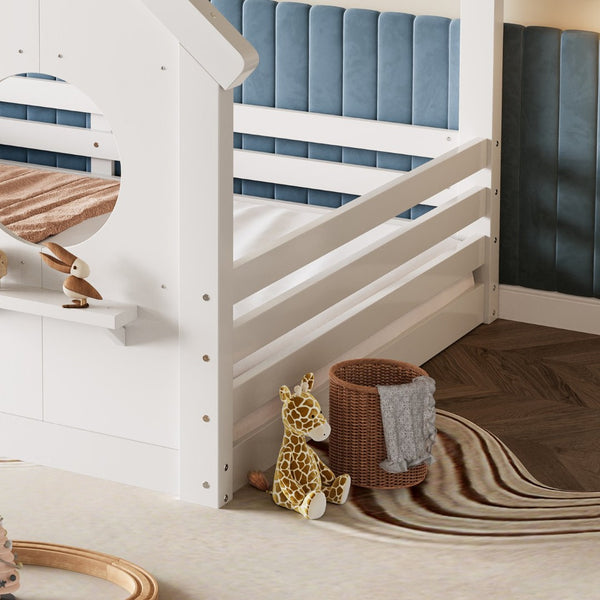 English Elm Twin House Bed Low Profile Pine Wood Frame with Shelf Montessori Kids Floor Sleeping Light White W5305P429644