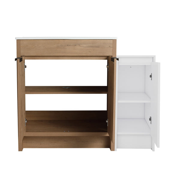 English Elm 42 Inch Freestanding Bathroom Vanity With Ceramic Sink, Soft-Close Doors & Ample Storage Solutions W999S00309