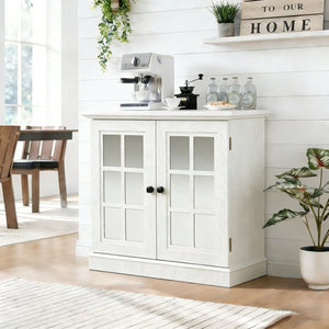 English Elm Storage Sideboard with Mirrored Acrylic Doors and Wood Grain Mdf Finish for Compact Rooms White W2899P372747